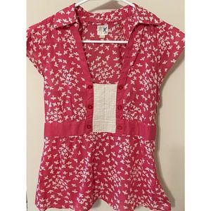 Anthropologie Coral and White Short Sleeve Blouse with Birds